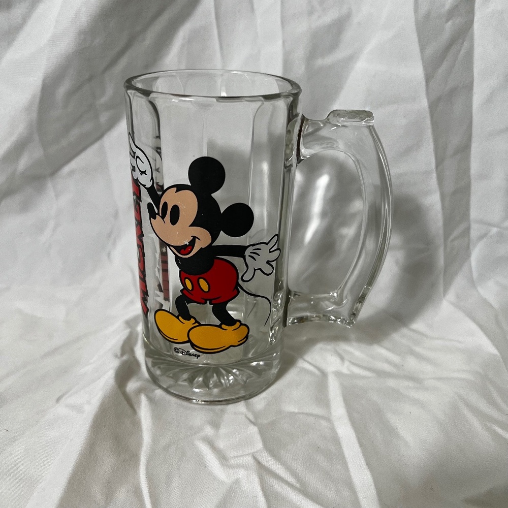 VTG 70s Walt Disney Prod. Mickey Mouse Heavy Clear Glass Mug Cup Stein w Handle